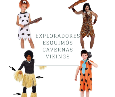 Crianças em fatos temáticos exploradores, esquimós, cavernas e vikings com acessórios sobre fundo branco.