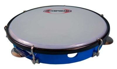 Pandeireta azul com pele branca e aro preto e marca CONTEMPORÂNEA