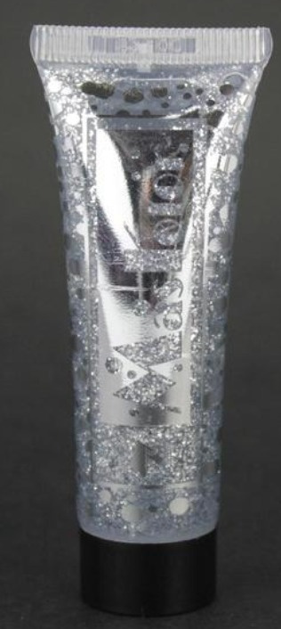 Frasco transparente de gel com brilhos prateados e tampa preta
