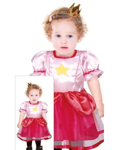 Vestido de fantasia rosa e vermelho com estrela amarela e coroa dourada