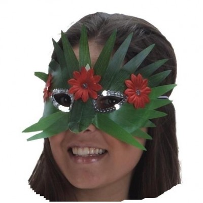 Máscara facial decorativa com folhas verdes e flores vermelhas