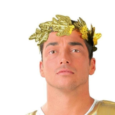 Coroa de louros dourada em metal com folhas usadas por homem