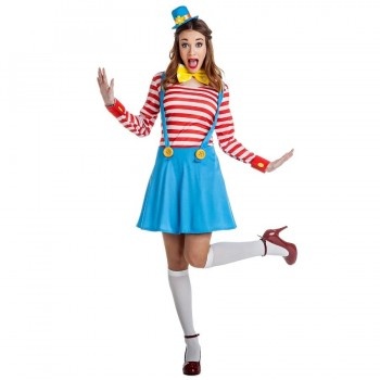 Fantasia feminina colorida com vestido azul e camisa às riscas