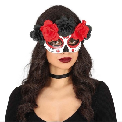 Máscara decorativa com flores vermelhas e pretas