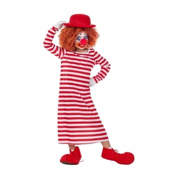 Criança com fato de palhaço riscas vermelhas e brancas, chapéu e sapatos vermelhos