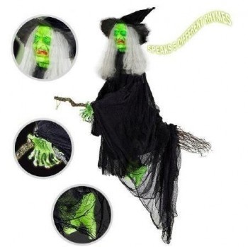 Figura de bruxa decorativa verde com vestido preto e chapéu