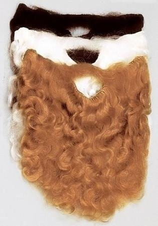 Três bigodes postiços cacheados em castanho escuro, branco com preto e ruivo