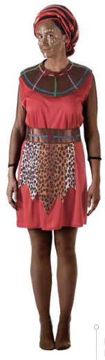 Figura feminina com vestido vermelho e estampa animal, cinto largo, colar colorido e turbante preto e vermelho.