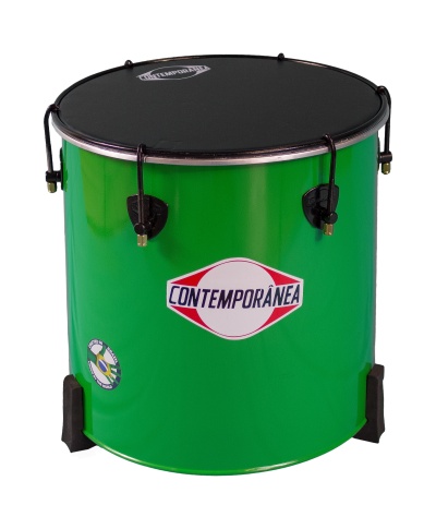 Tambor verde com superfície preta e logotipo CONTEMPORÂNEA