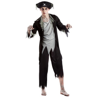 Fato de pirata com chapéu, casaco preto e calças, modelo descalço