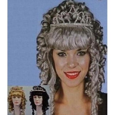 Peruca encaracolada cinzenta com coroa prateada e duas miniaturas de perucas similares