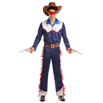 Fato de cowboy azul com detalhes vermelhos e brancos, chapéu castanho, máscara vermelha e pistolas prateadas.