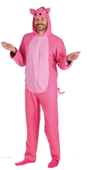 Pessoa com macacão integral rosa com capuz de porco e cauda
