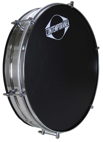 Tambor preto com estrutura metálica e texto CONTEMPORÂNEA