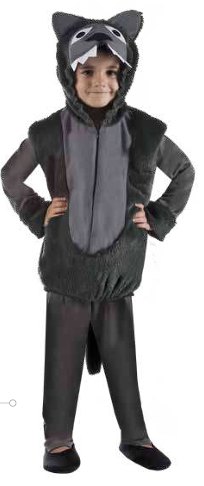 Fato de carnaval de lobo para criança, preto e cinzento, com capuz peludo e detalhes de lobo.