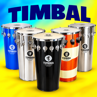 Cinco tambores de percussão TIMBRA em várias cores com acabamento metálico