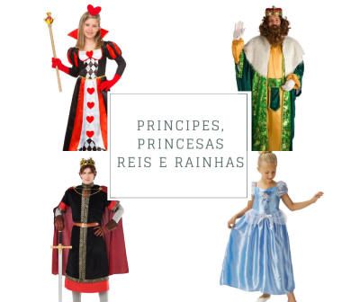 Quatro pessoas vestidas com fantasias de príncipes, princesas, reis e rainhas