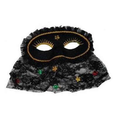 Máscara preta com bordados dourados e renda colorida