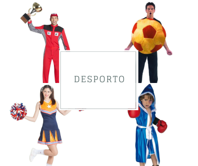 Quatro pessoas com roupas de diferentes esportes ao redor da palavra DESPORTO