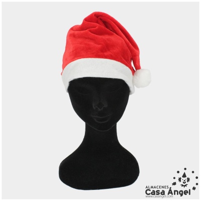 Gorro de Pai Natal vermelho com branco num manequim preto.