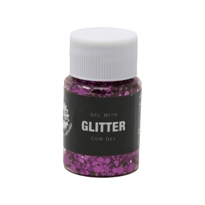 Frasco plástico com gel glitter roxo e rótulo preto