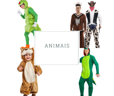 Cinco pessoas em fatos temáticos de animais e cowboy com texto ANIMAIS ao centro