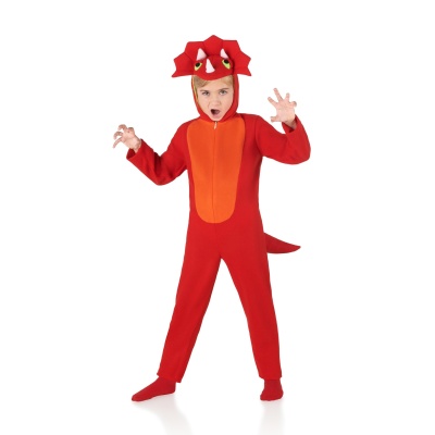 Criança com fato vermelho de dinossauro com capuz e cauda