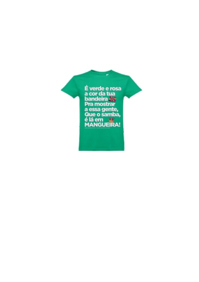 T-shirt verde com texto em branco e rosa e símbolo de coroa.