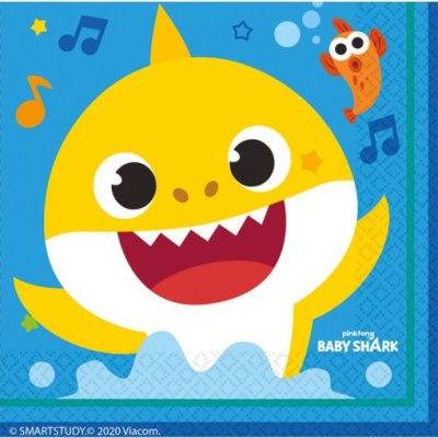 Desenho animado tubarão amarelo sorridente no mar azul com texto Baby Shark