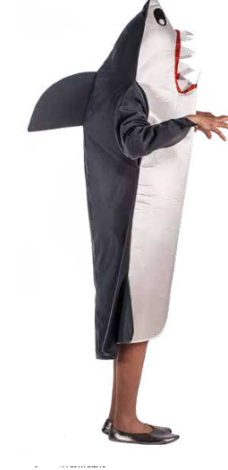 Fantasia de tubarão azul e branco com barbatanas e dentes vermelhos