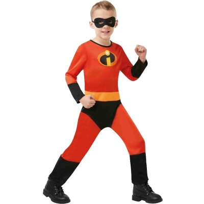 Fato de super-herói vermelho e preto para criança com máscara preta.