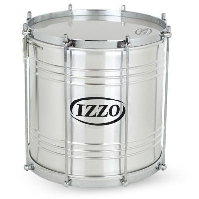 Tambor metálico prateado com o logótipo IZZO