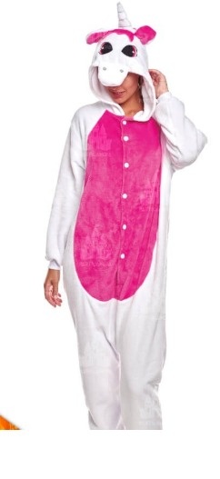 Macacão de pijama unicórnio branco e rosa com capuz felpudo