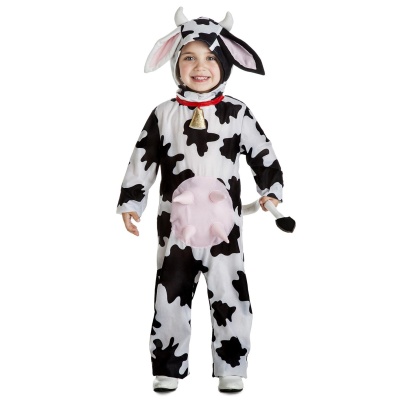 Fato criança padrão vaca preto branco com chifres, sino no pescoço e cauda na mão.