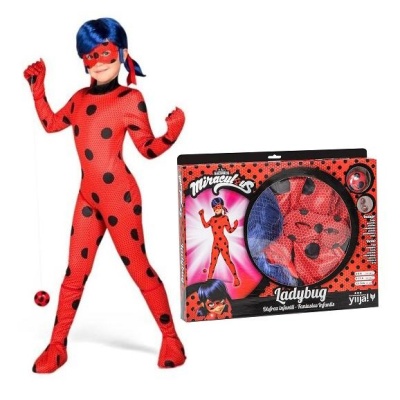 Fato infantil Ladybug vermelho com bolinhas pretas, máscara e peruca azul ao lado da caixa