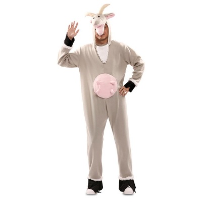 Fato integral de bode cinzento claro com barriga rosa e capuz com cabeça e chifres