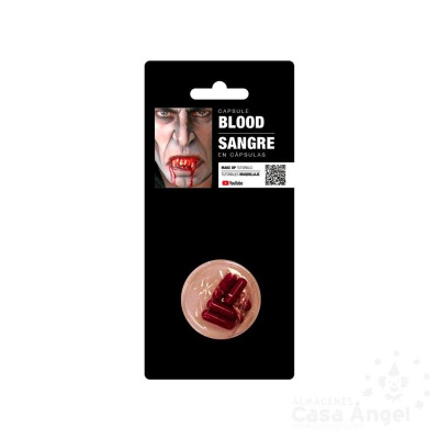Embalaem de cápsulas de sangue falso para maquilhagem com texto e imagem de vampiro