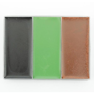 Paleta de maquilhagem com cores preta, verde e castanha numa base rectangular branca