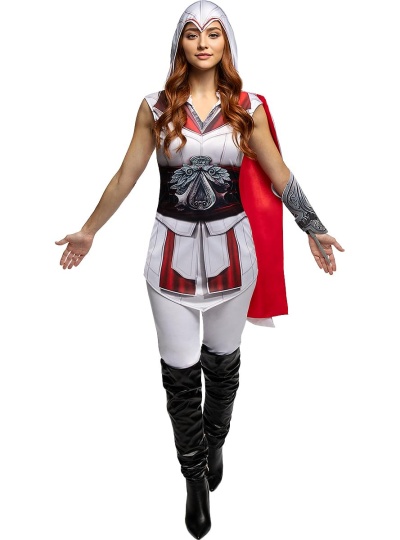 Fato de cosplay feminino branco, vermelho e preto com capa vermelha e botas pretas.