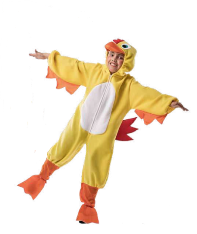 Fato de macaquinho infantil amarelo com detalhes laranja, capuz de pássaro e asa nas mangas.