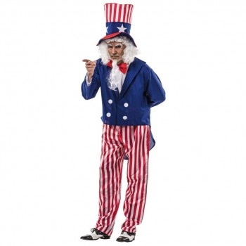 Fato estilizado de Uncle Sam com chapéu, casaco azul e calças às riscas vermelhas e brancas