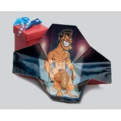 Sling plástico preto com ilustração de homem e caixa de presente vermelha com laço azul.