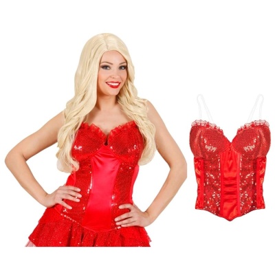 Corpete vermelho com lantejoulas e tirantes transparentes