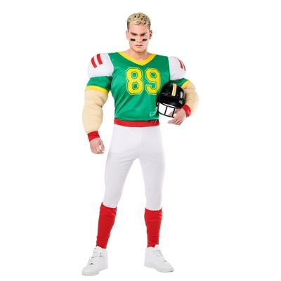Fantasia de jogador de futebol americano com camisola verde número 89 e calças brancas e vermelhas