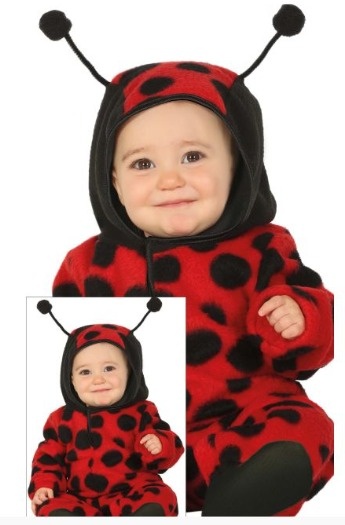 Bebé vestido de joaninha com capuz e antenas em tecido vermelho com manchas negras