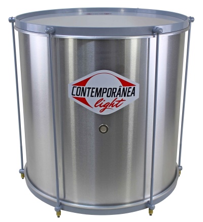 Tambor metálico prateado com etiqueta CONTEMPORÂNEA light