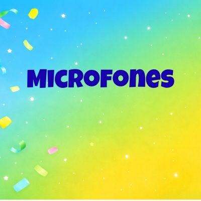 Fundo colorido com texto azul MICROFONES e confetes