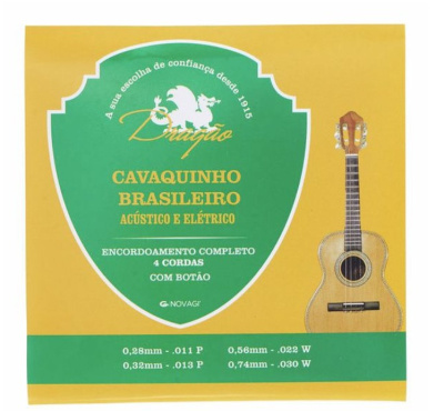 Embalagem de cordas para cavaquinho brasileiro acústico e elétrico com texto e imagem do instrumento