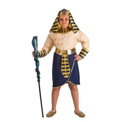 Fantasia infantil de Faraó com azul, bege e dourado, e cetro com cobra azul.