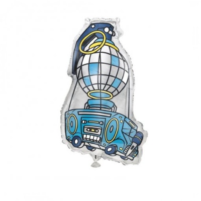 Balão metálico em formato ilustrado com globo espelhado e carrinha azul